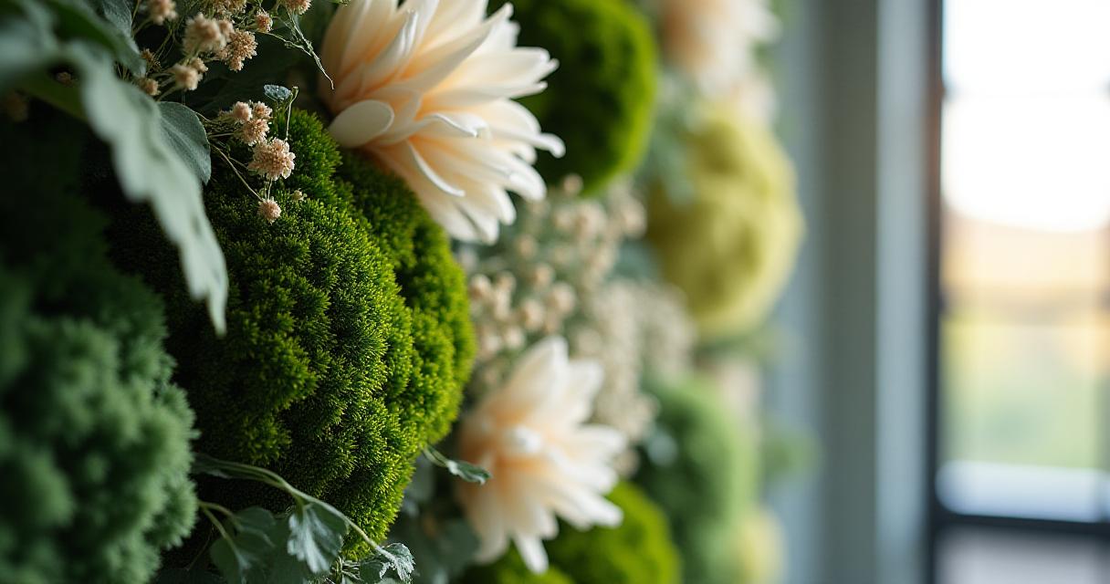 Close up of preserved moss and floral wall texture