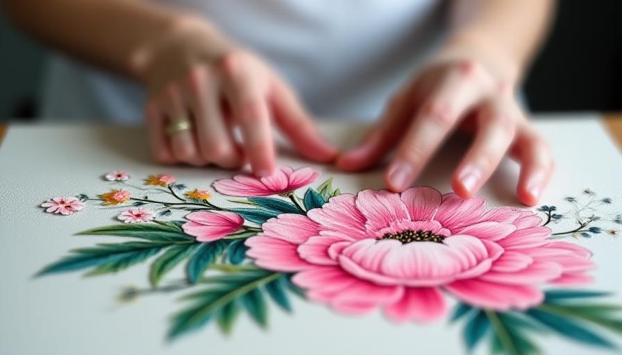 Designer arranging luxury floral panels on a gallery wall