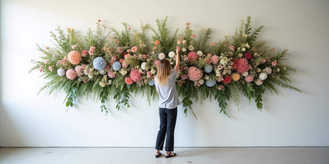 Artisan arranging a floral wall installation in a bright studio