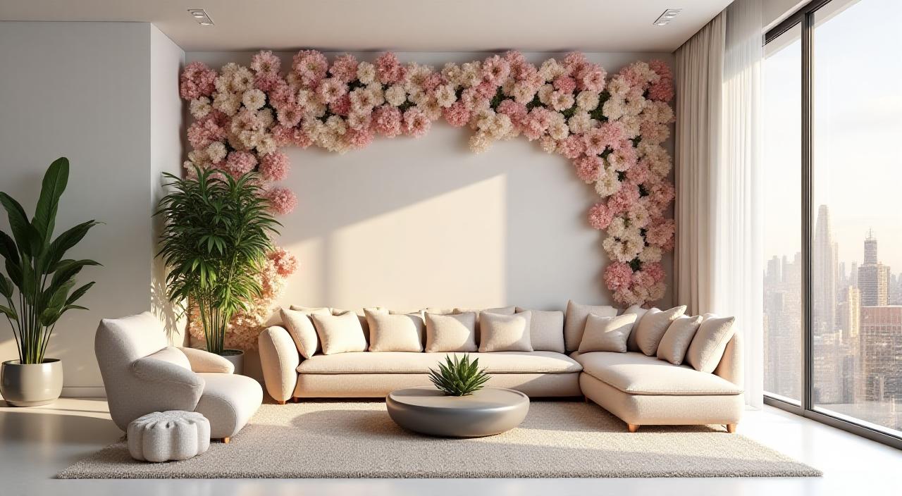 Custom floral wall mural in a luxury New York City penthouse living room