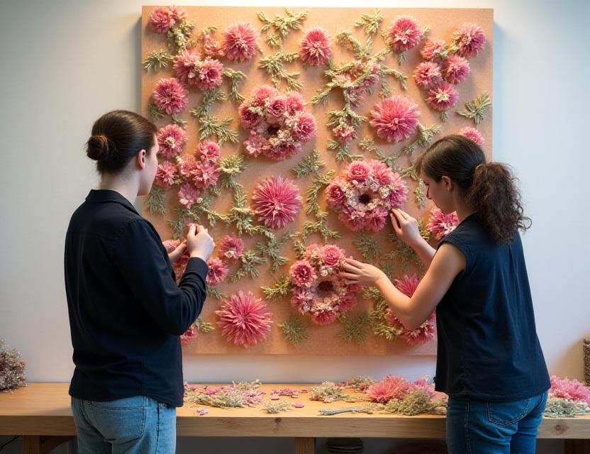 Artisans working on a large scale floral wall panel