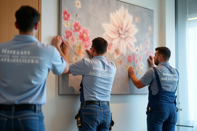 Team of professionals installing a custom flower arrangement