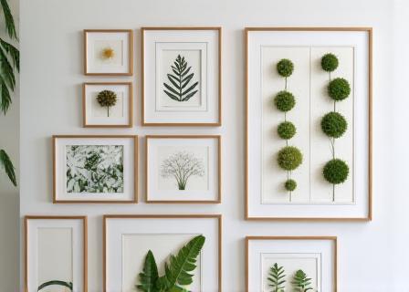 Gallery wall showing various botanical prints and frames
